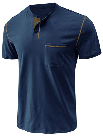 Men's Full Size Casual Henley T-Shirt with Contrast Stitching and Pocket Plus Size