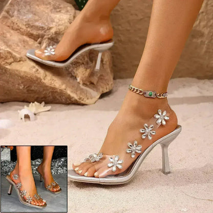 Zapatos de salón con flores transparentes - Tacones de diamantes de imitación - Zapatos de boda de verano