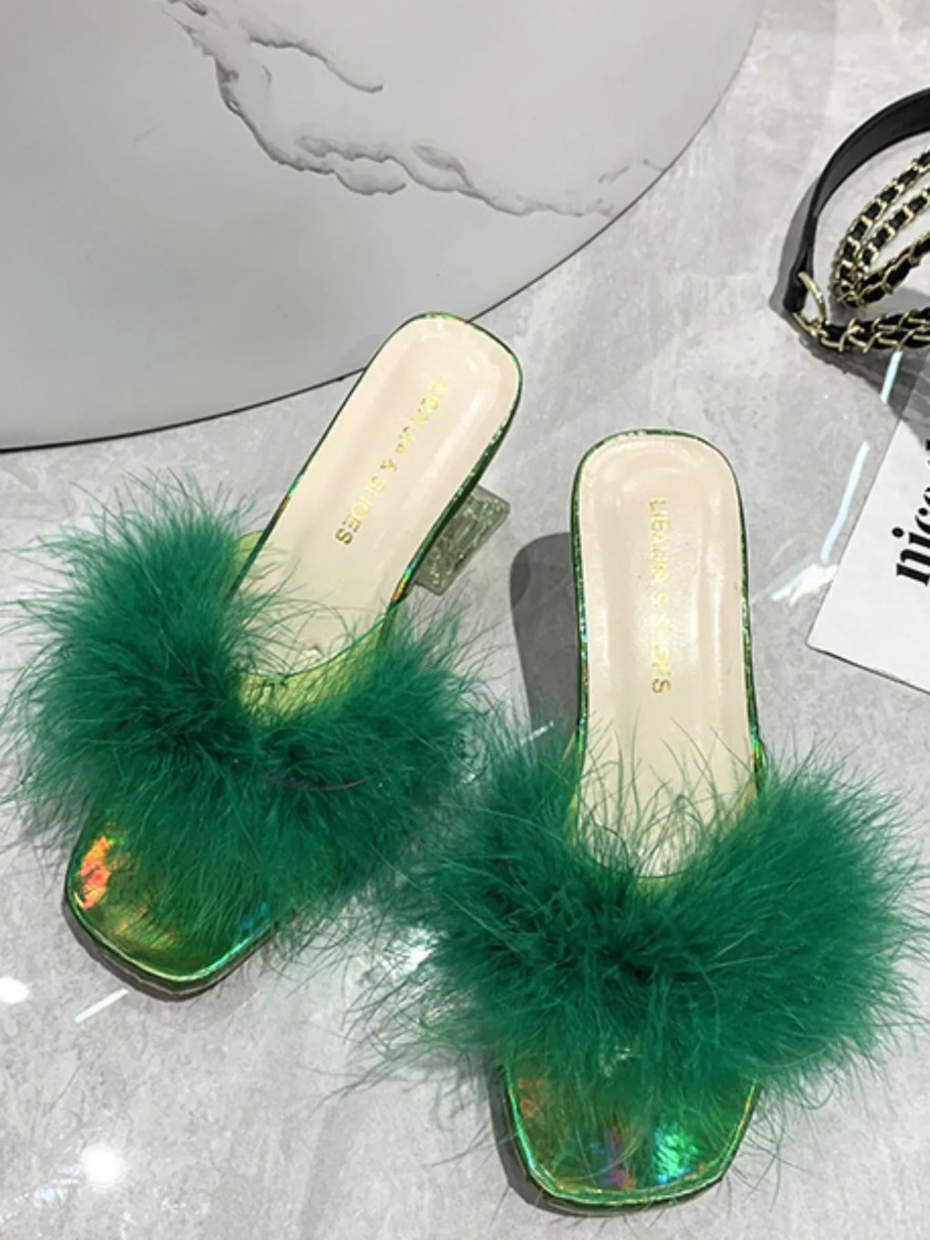 Fluffy Strap Block Heel Sandals