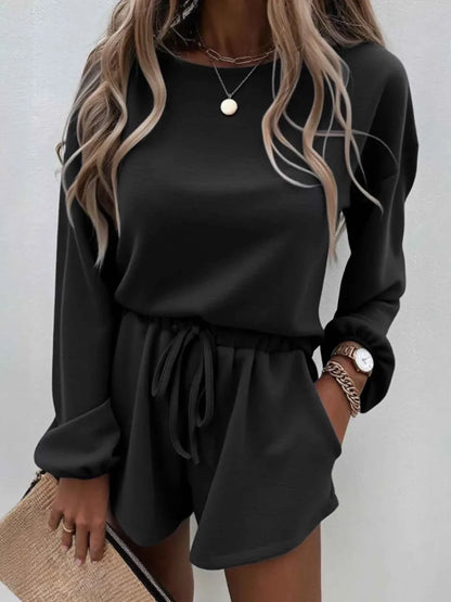 Casual Solid Color Top and Drawstring Shorts Two-Piece Set