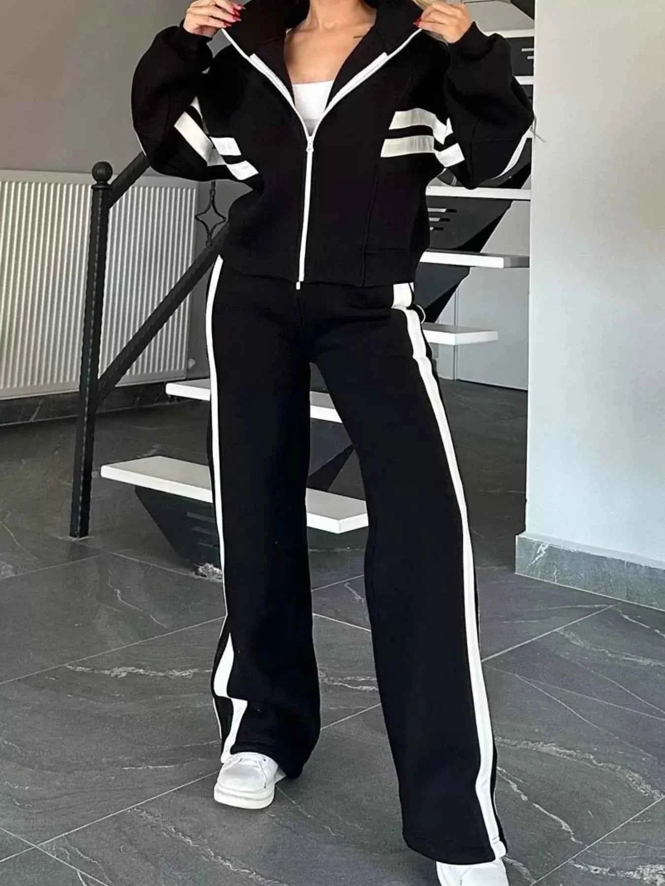 Full Size Contrast Stripe Zip Up Jacket and Pants Set Plus Size