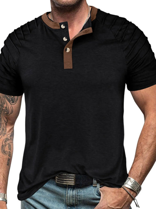 Men's Full Size Casual Henley Short Sleeve Top with Contrast Collar Plus Size