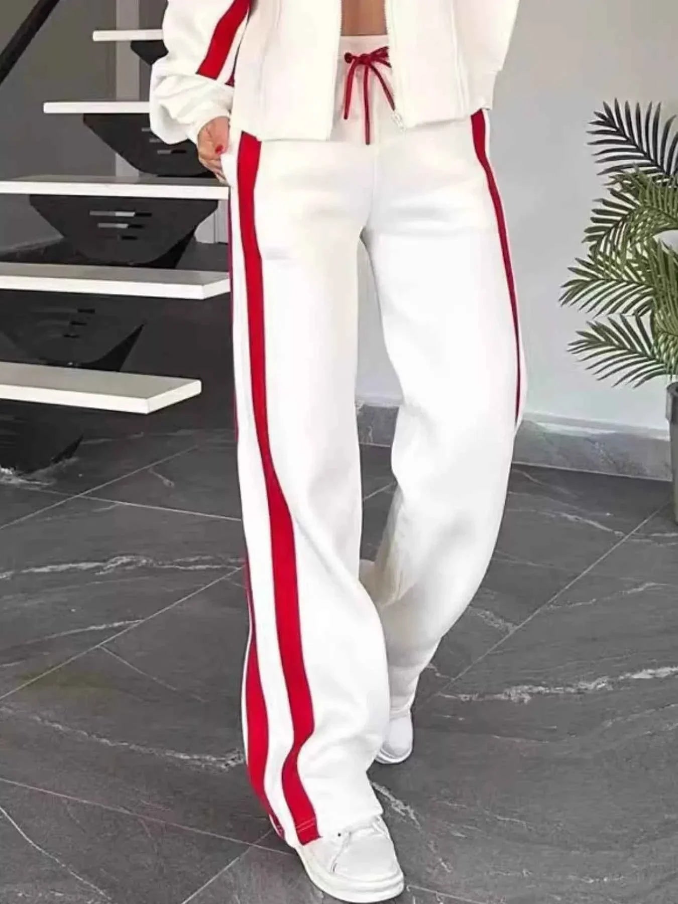 Full Size Contrast Stripe Zip Up Jacket and Pants Set Plus Size