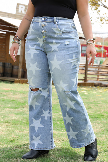 Sky Blue Star Printed Multi Buttons Slit Knee Destroyed Plus Size Jeans