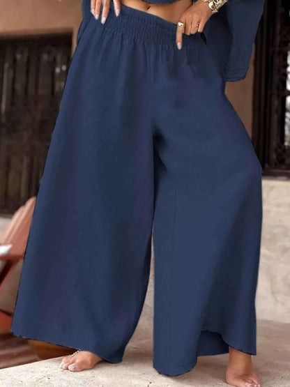 Full Size Boat Neck Top and Wide Leg Pants Set Plus Size