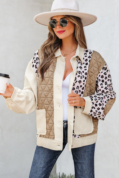 Khaki Leopard Waffle Quilted Patchwork Button Front Jacket
