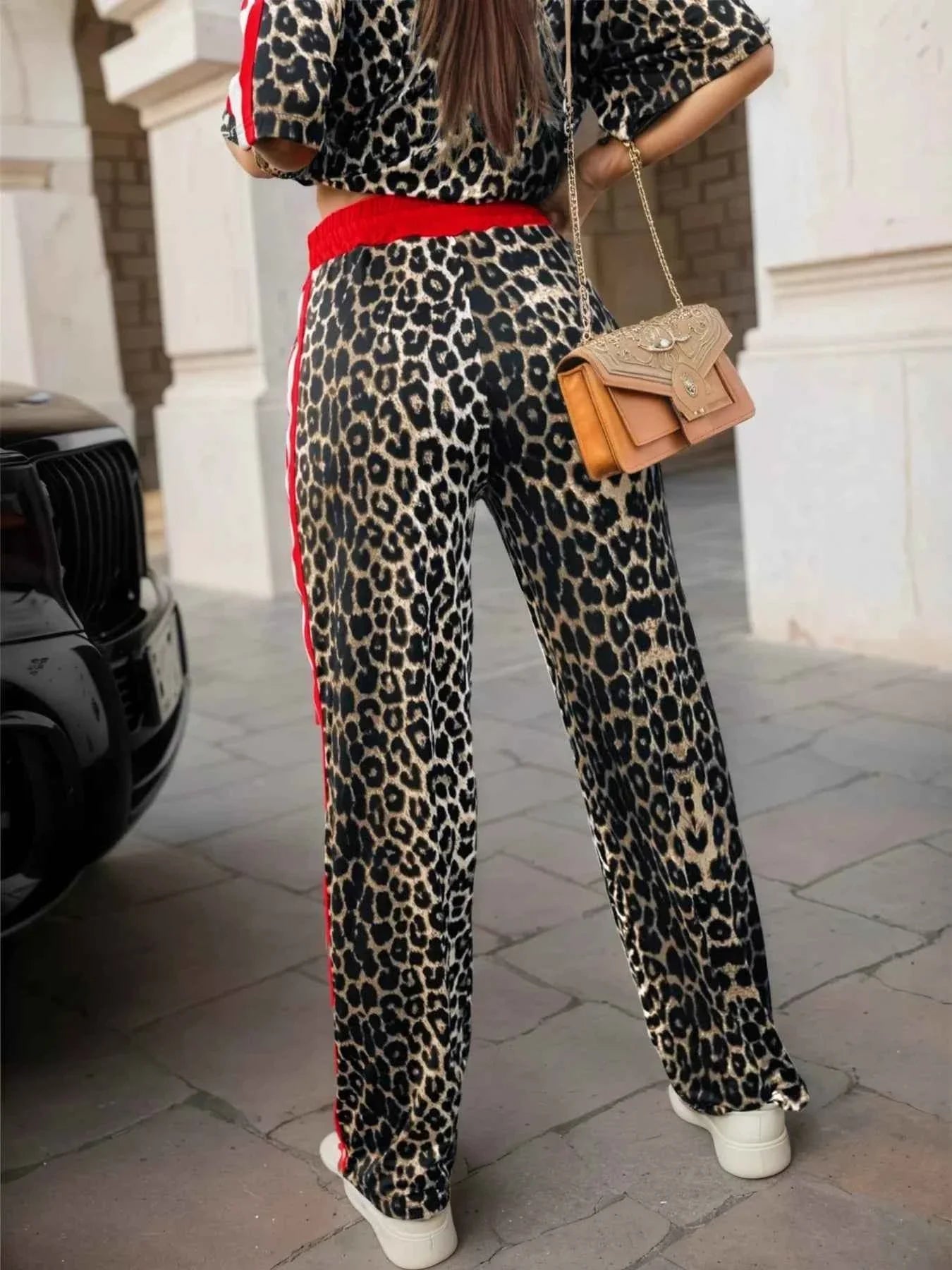 Leopard Round Neck Top and Pants Two-Piece Set