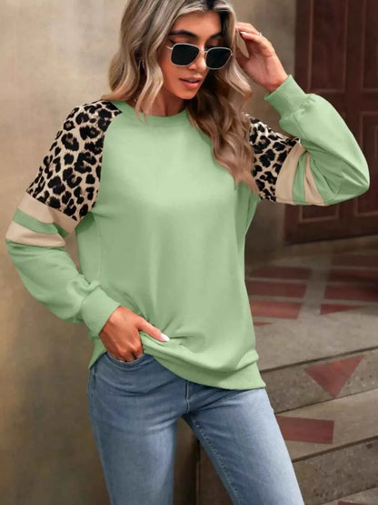 Leopard Round Neck Raglan Sleeve Sweatshirt