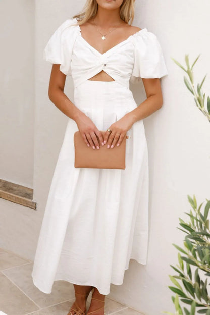 甜美寧靜泡泡袖中長連身裙