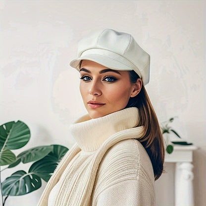 Retro British Faux Leather Beret Warm Stylish Versatile