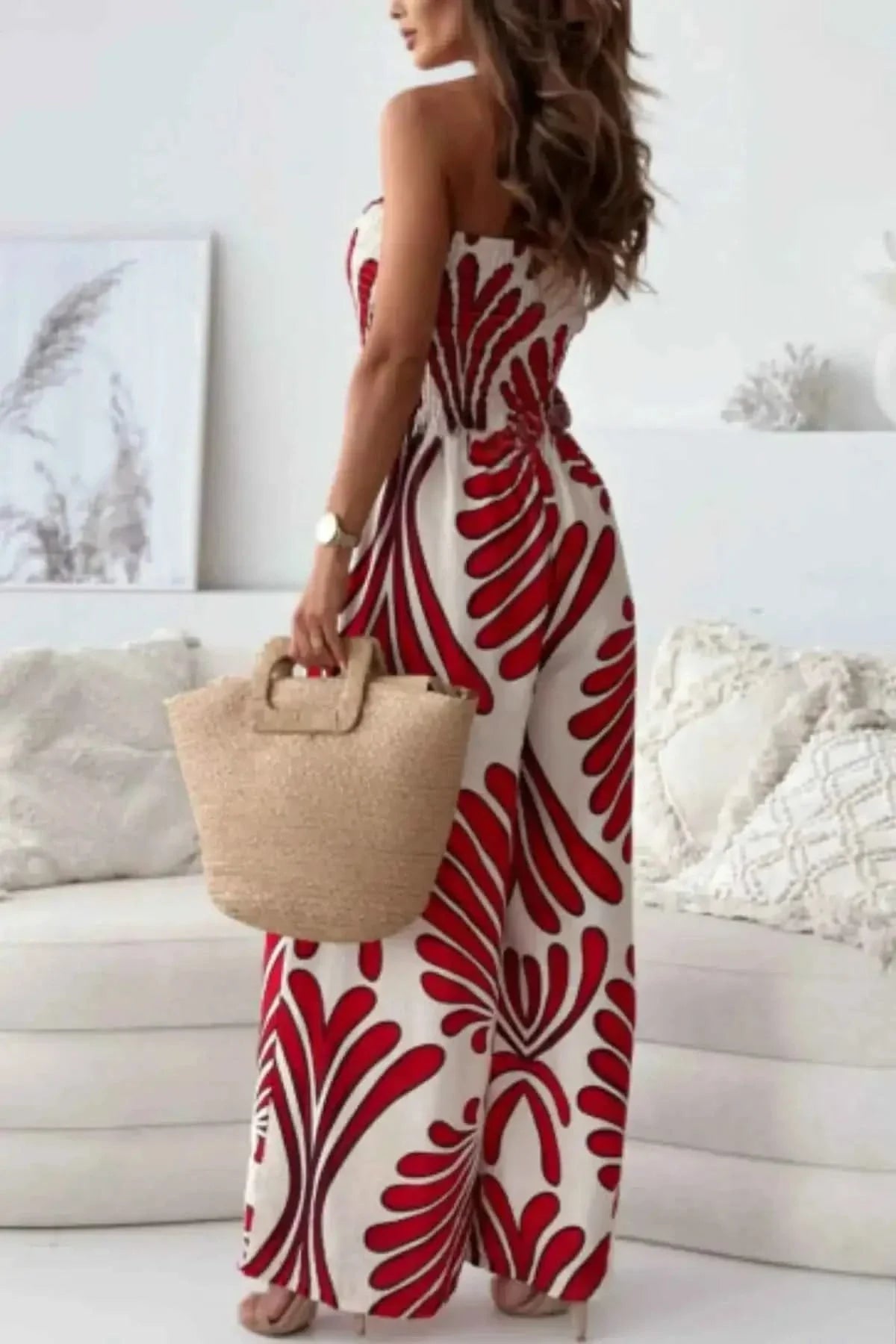 Printed Smocked : Tube Wide Leg Jumpsuit