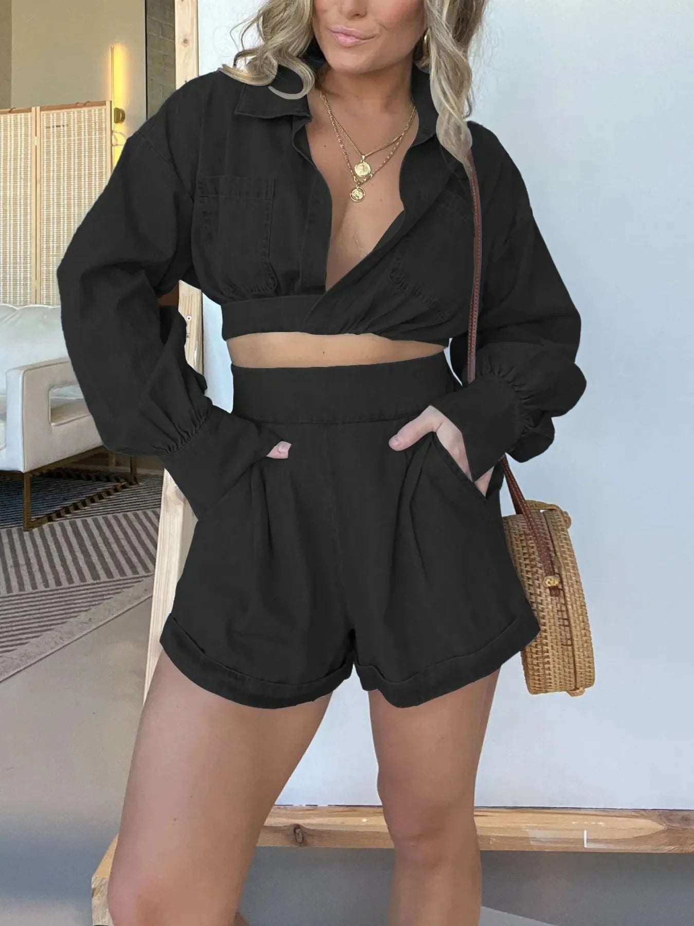 Long Sleeve Top and Shorts Denim Set Plus Size for women