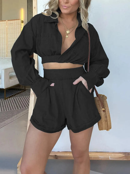 Long Sleeve Top and Shorts Denim Set Plus Size for women