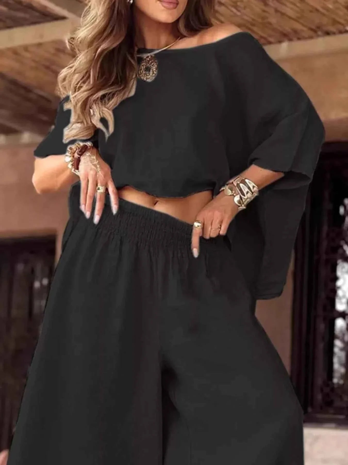 Full Size Boat Neck Top and Wide Leg Pants Set Plus Size