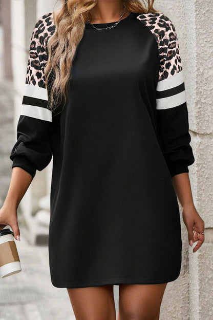 Black Leopard Print Patchwork Varsity Raglan Sleeve Sweatshirt Dress