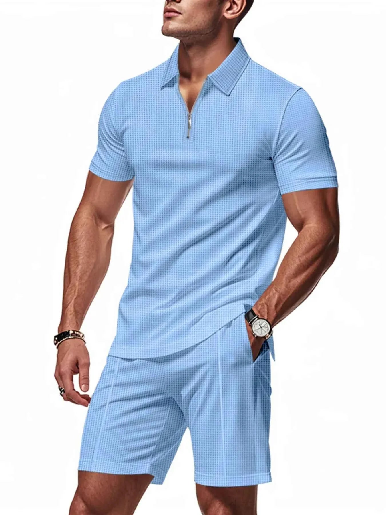 Men's Plus Size Quarter Zip Short Sleeve Top and Shorts Set