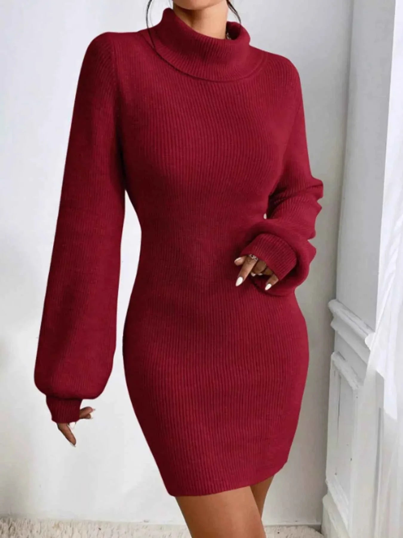 Turtleneck Ribbed Knit Sweater Dress