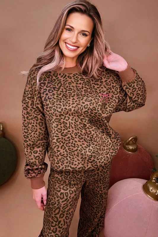 Leopard Contrast Trim Top and Pants Set