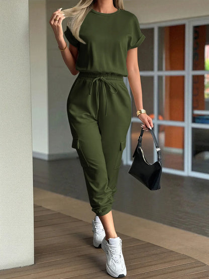 Round Neck Short Sleeve Top and Pants Set