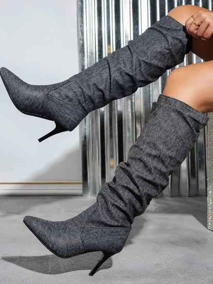 Denim Point Toe : Stiletto Boots