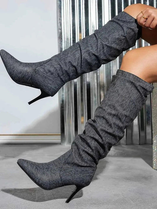 Denim Point Toe : Stiletto Boots