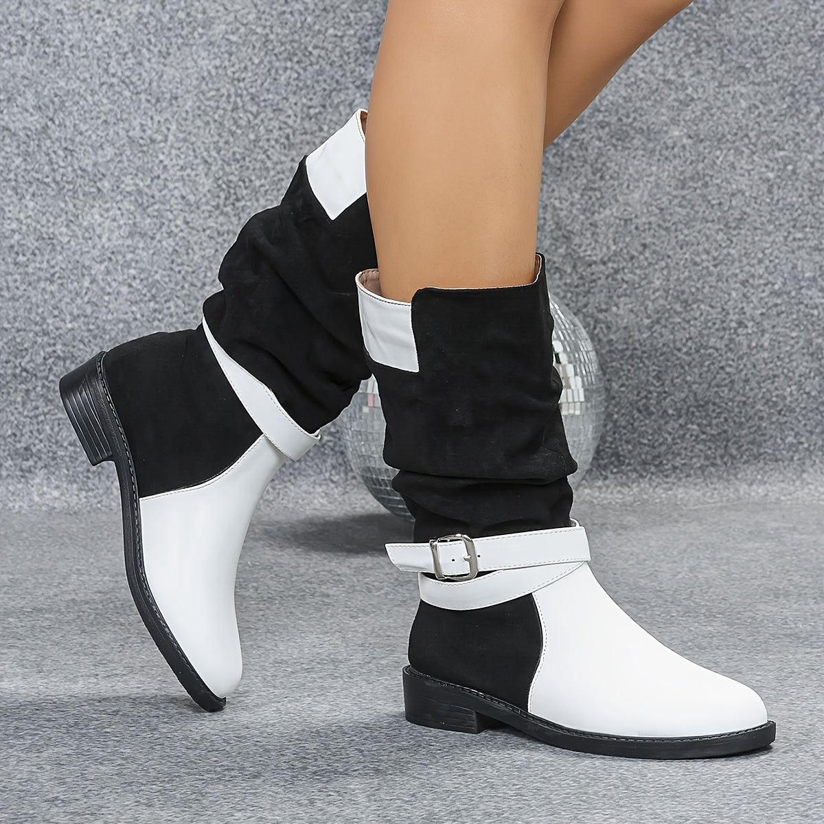 Elegant Black  White ColorBlock Pleated MidCalf Boots