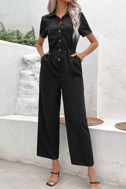 Perfee Collared Neck : Short Sleeve Jumpsuit