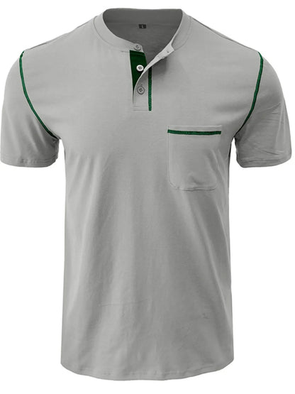 Men's Full Size Casual Henley T-Shirt with Contrast Stitching and Pocket Plus Size