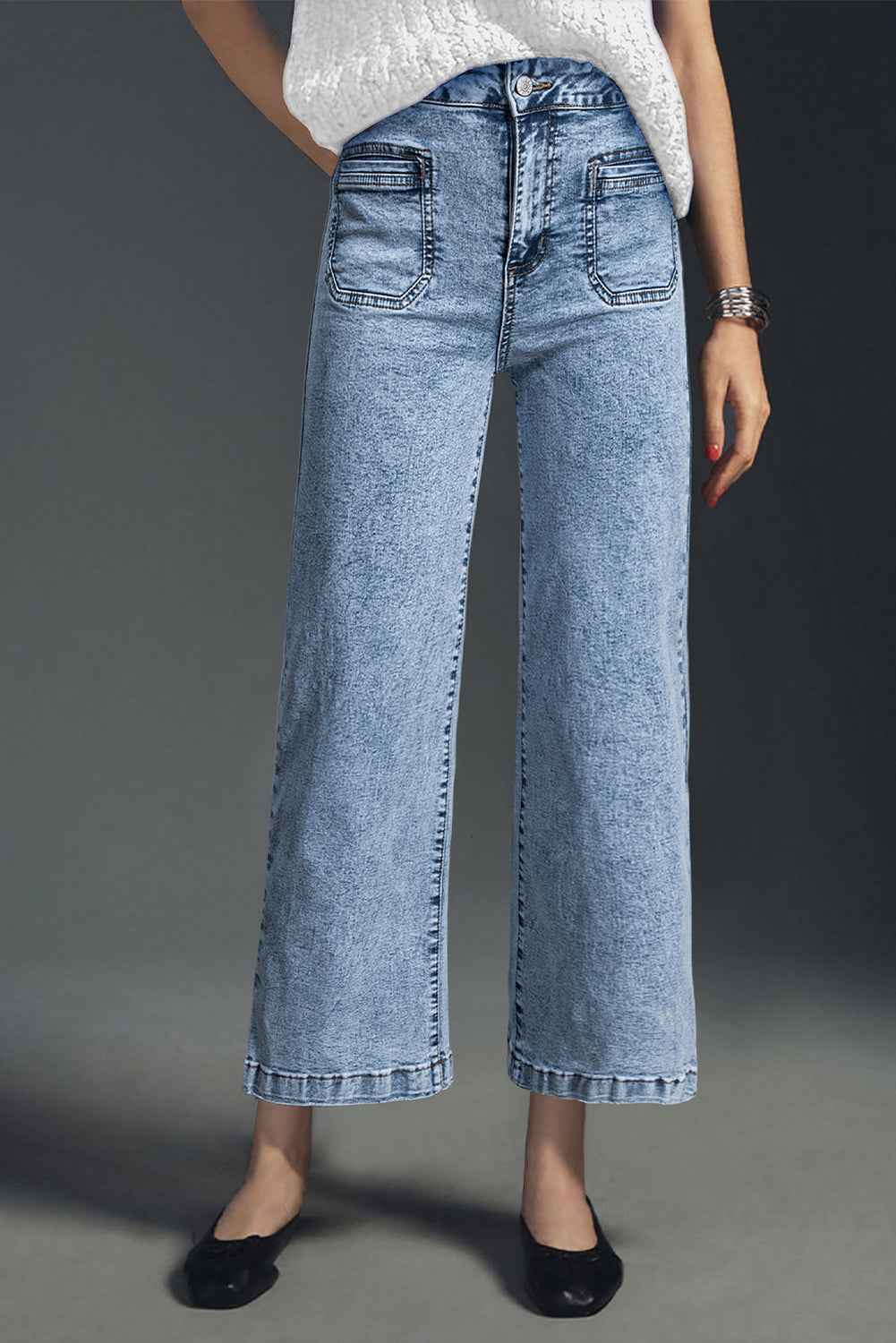 Light Blue Chic Patch Pocket Straight Leg Loose Jeans