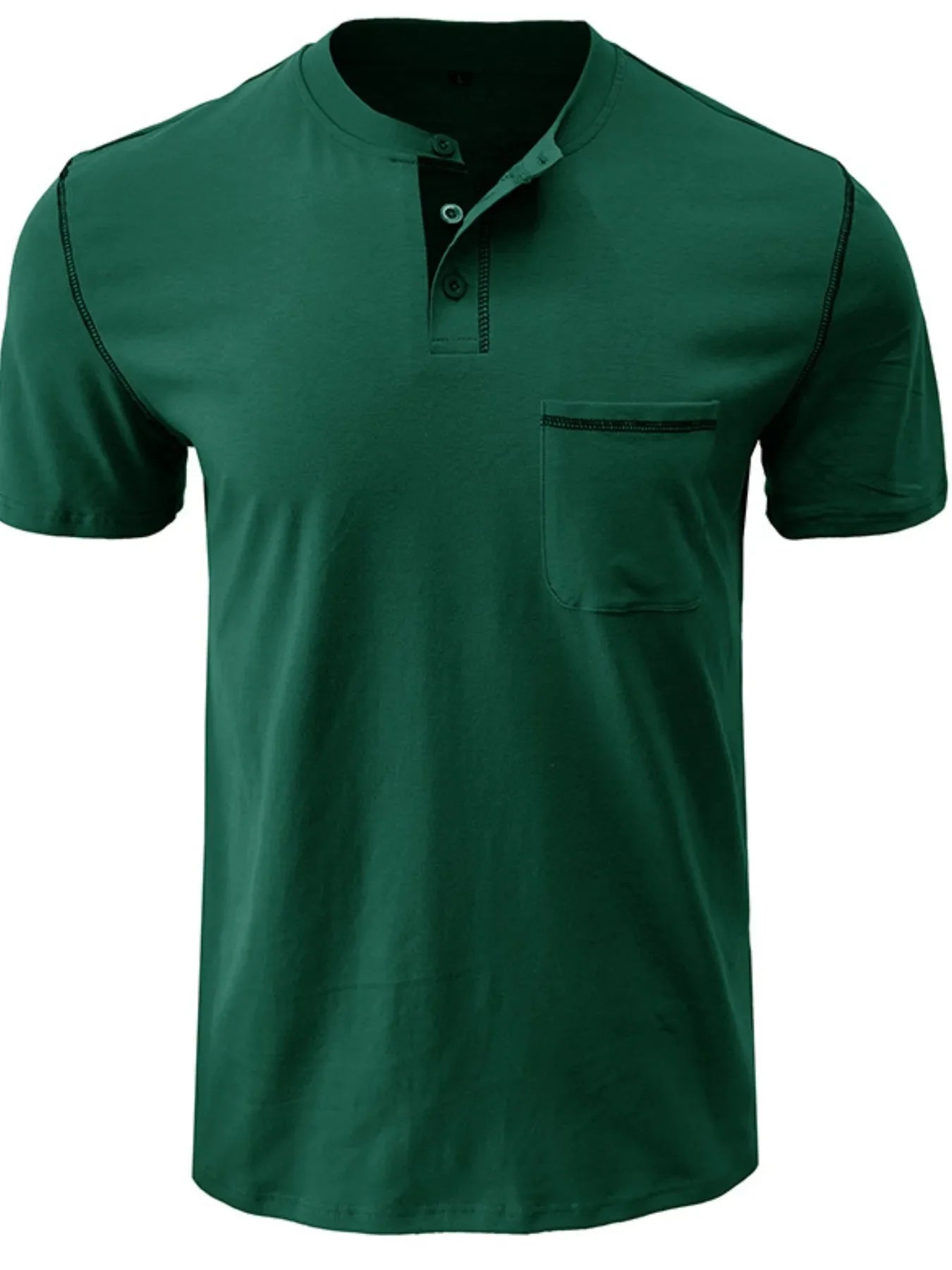 Men's Full Size Casual Henley T-Shirt with Contrast Stitching and Pocket Plus Size