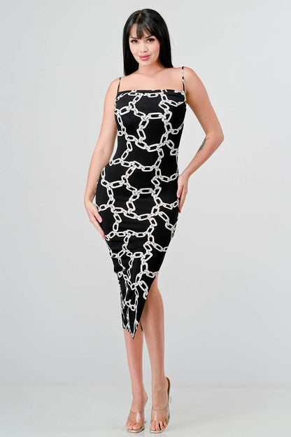 時尚鏈條印花側開衩中長洋裝