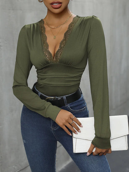 完美蕾絲細節深V長袖連身衣