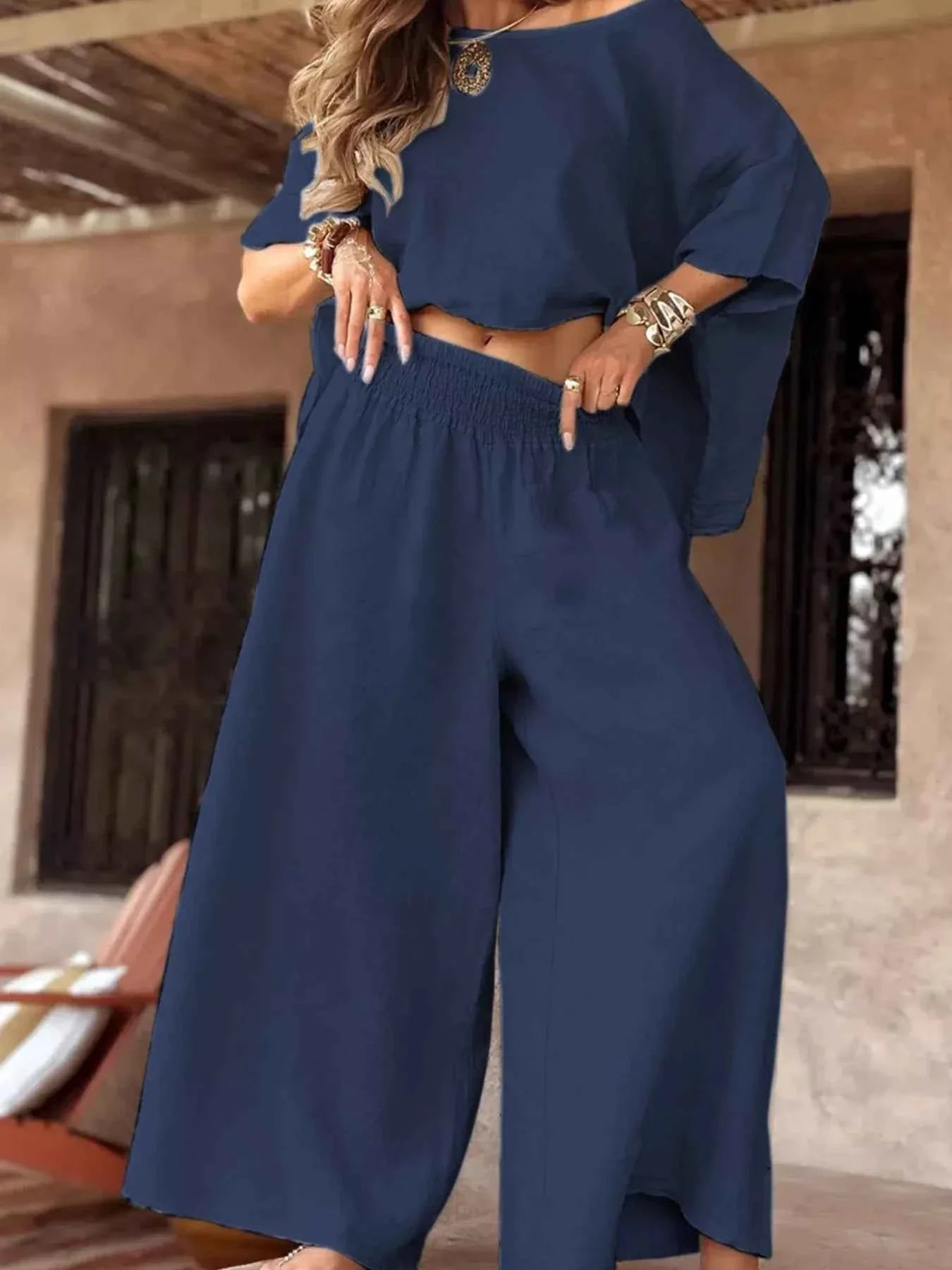 Full Size Boat Neck Top and Wide Leg Pants Set Plus Size