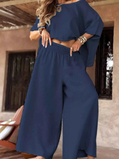 Full Size Boat Neck Top and Wide Leg Pants Set Plus Size