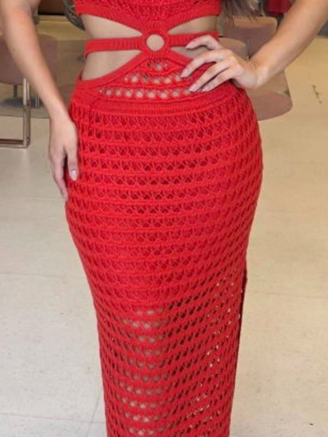 鏤空開衩圓領毛衣洋裝