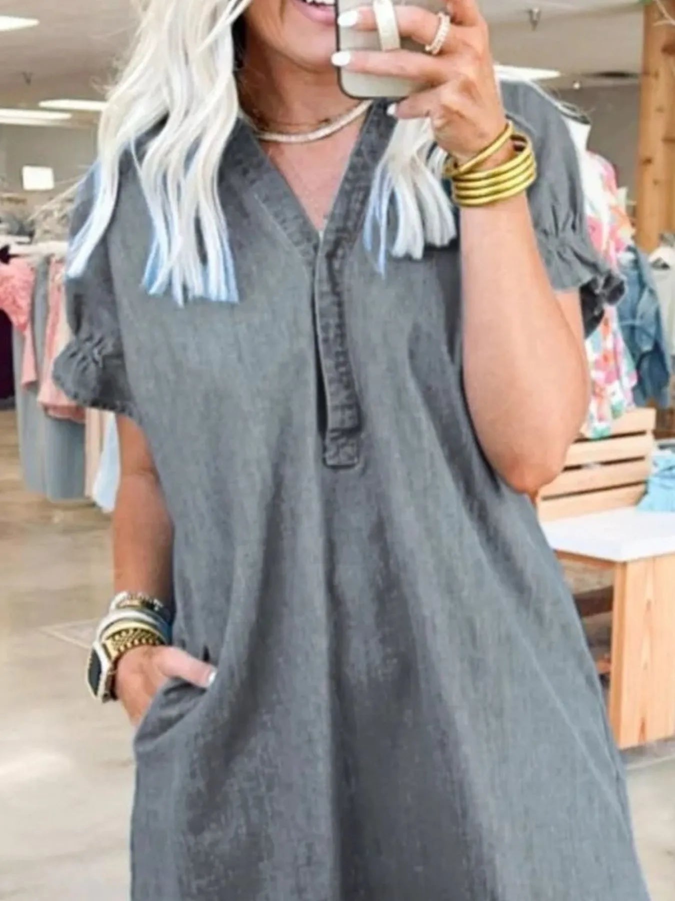 全碼V領短袖牛仔連身裙 大尺寸