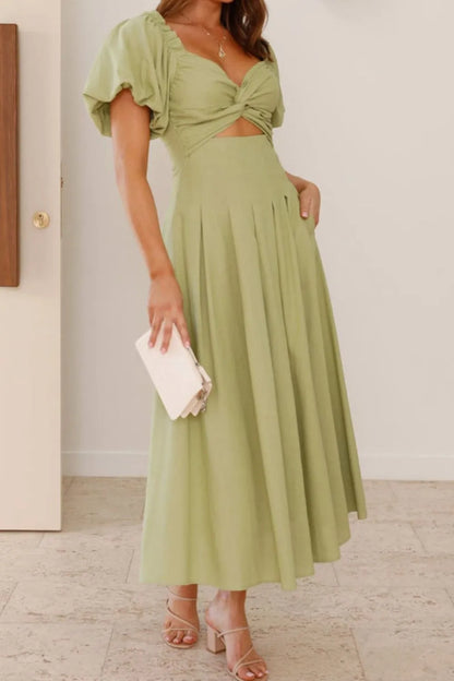 甜美寧靜泡泡袖中長連身裙