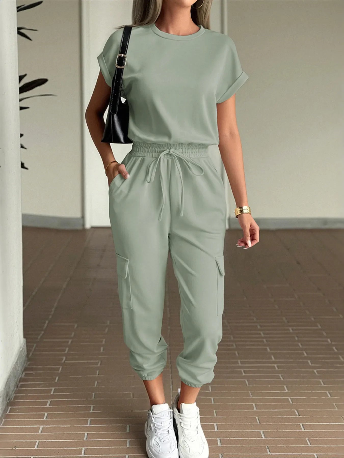 Round Neck Short Sleeve Top and Pants Set