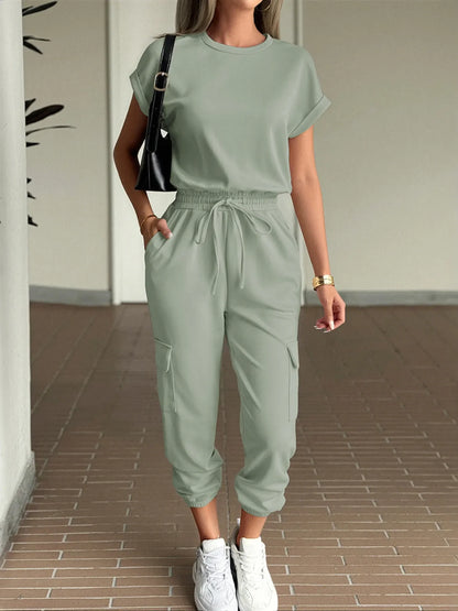 Round Neck Short Sleeve Top and Pants Set