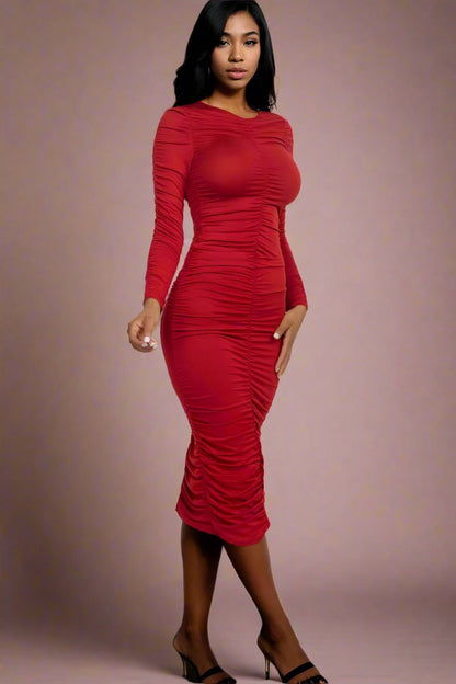 褶皺長袖中長洋裝 – 優雅修身款