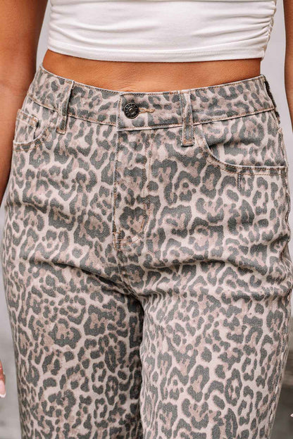 Brown Leopard Frayed Edge Wide Leg High Waist Jeans