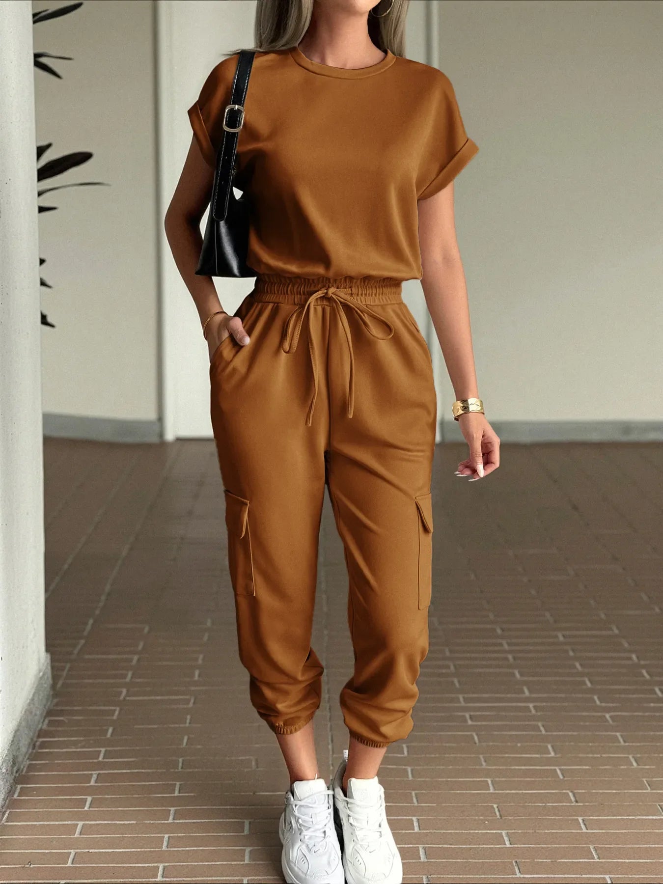 Round Neck Short Sleeve Top and Pants Set