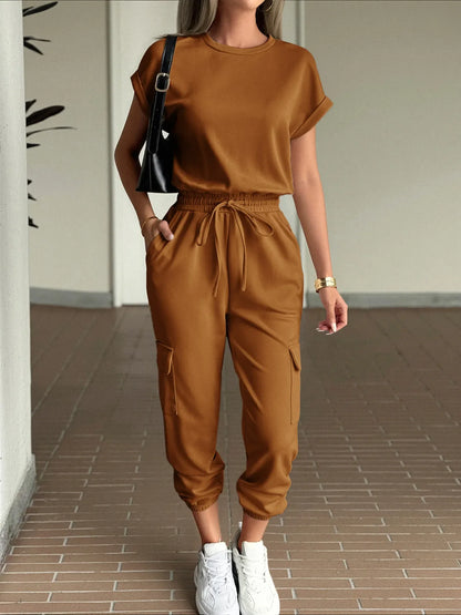 Round Neck Short Sleeve Top and Pants Set