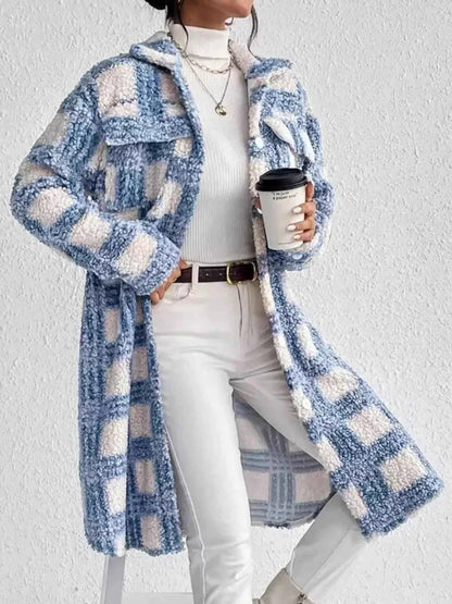 Plaid Button Up Long Sleeve Fleece Coat