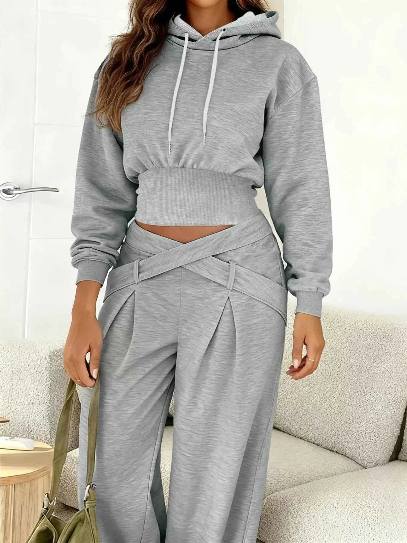 Casual Cropped Hoodie and Wide Leg Pants Set