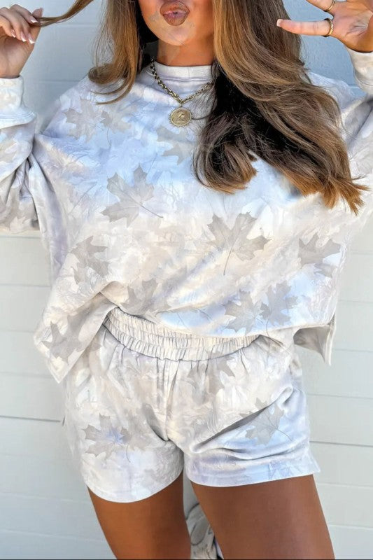 迷彩抽象圖案上衣和鬆緊腰短褲套裝