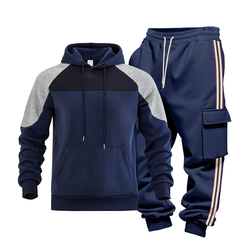 Conjunto casual de sudadera con capucha y pantalones deportivos con textura de bloques de color sueltos