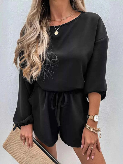 Casual Solid Color Top and Drawstring Shorts Two-Piece Set