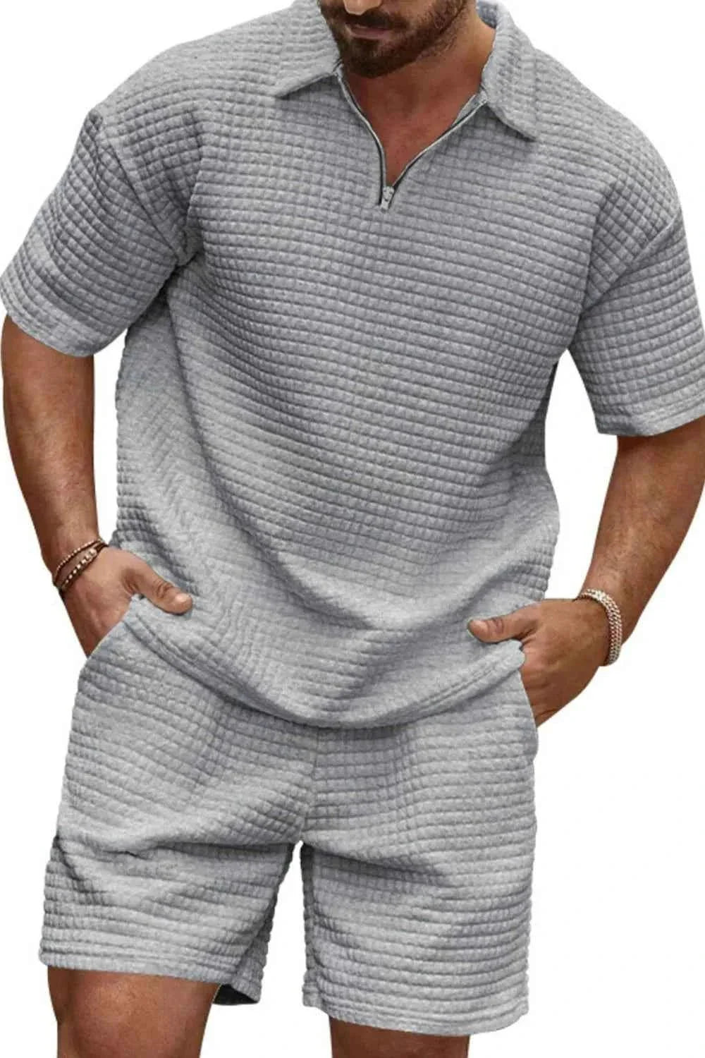 Men's Full Size Zip Collar Short Sleeve Top and Shorts Set Plus Size