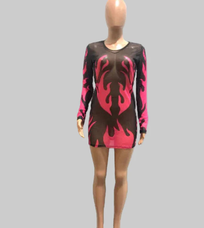 Women's Sheer Mesh Floral Dress with Round Neck